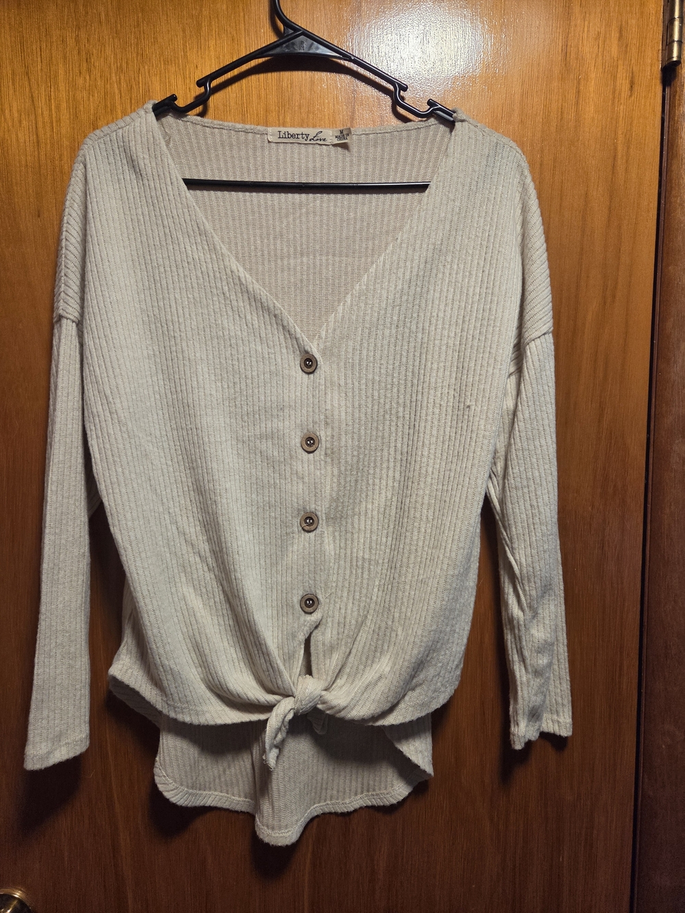 Liberty Love Ribbed Button-Front Tie Hem Top - Light Beige